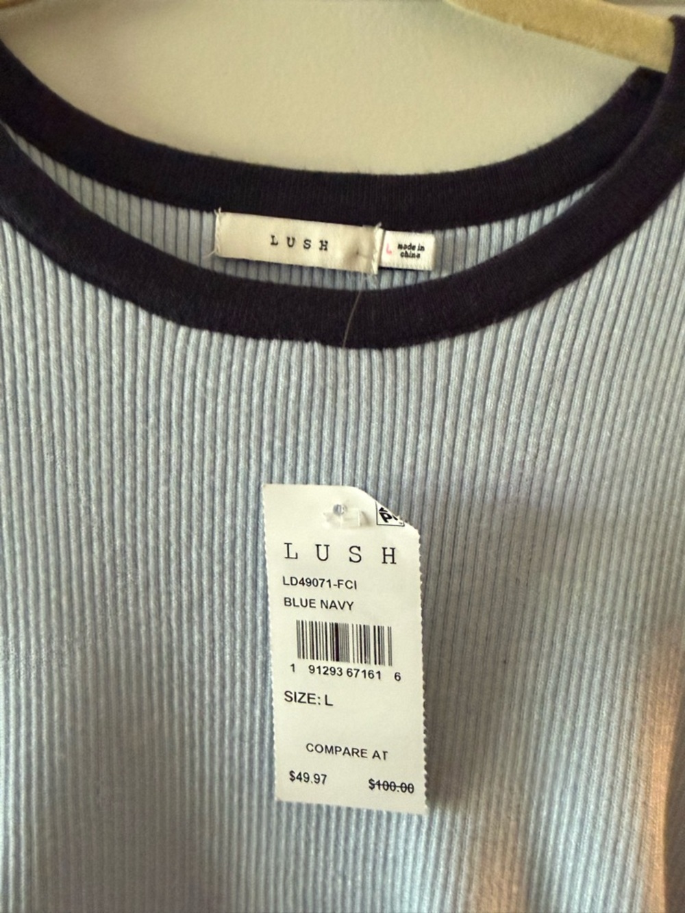 Lush Light Blue Ribbed Top with Navy Trim